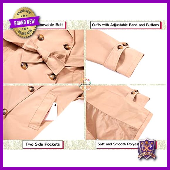 Double-Breasted Trench Coat Water Resistant Loose Fit Oversized Classic Elegant - Picture 5 of 7